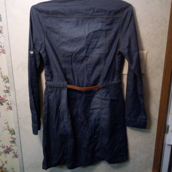 Blue Topic Belted Button-up Denim Tunic Dress - Picture 2 of 4